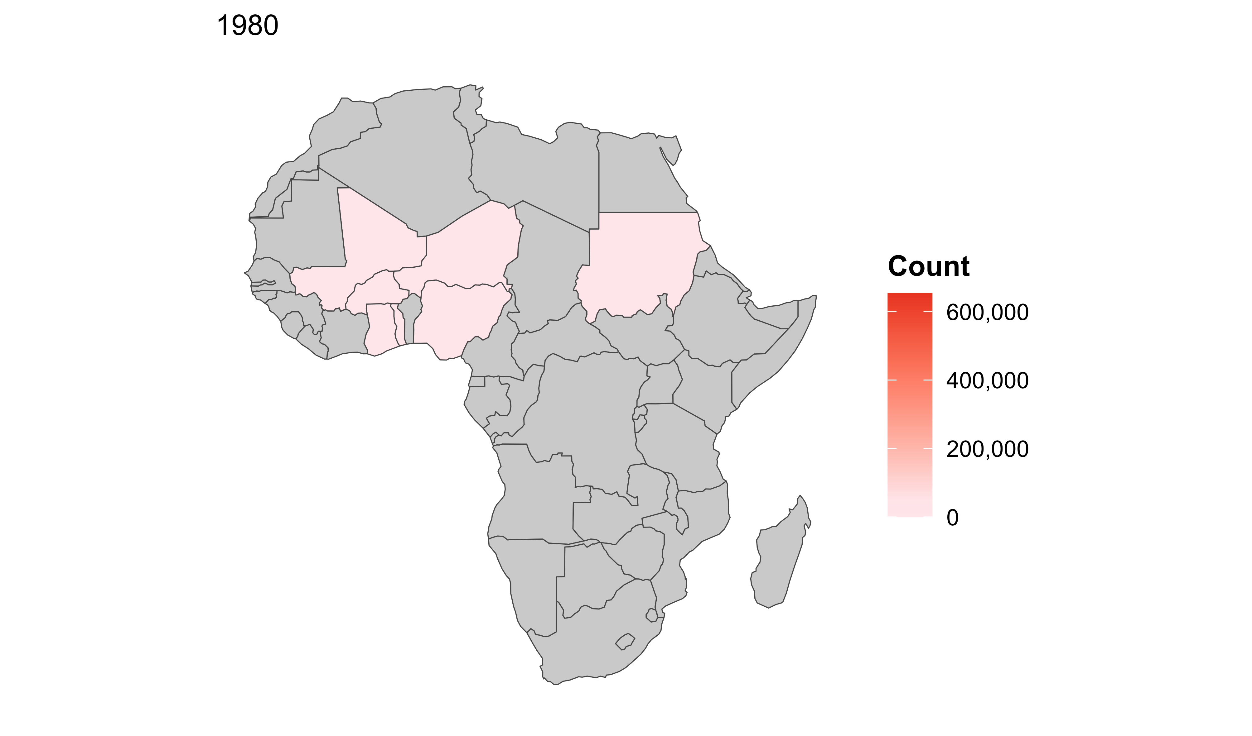 Map infographic - Changes in Guinea Worm cases in Africa from 1980 to 2021