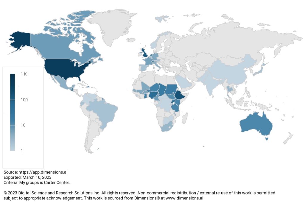 Global map  - Academic publications by authors at the Carter Center 1986-2022