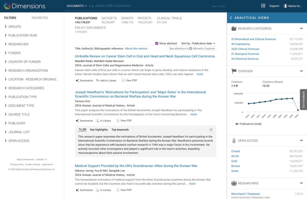 Screenshot of summarization results from Dimensions AI Summarization