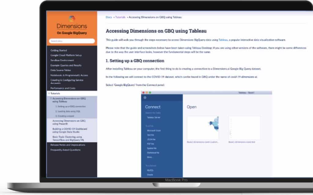 screenshot - accessing Dimensions on Google BigQuery