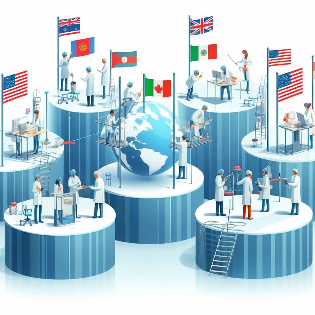 genai image showing researchers with a flag from the world on their clothes. They work on platforms at different levels. Some are isolated and cannot work with the others