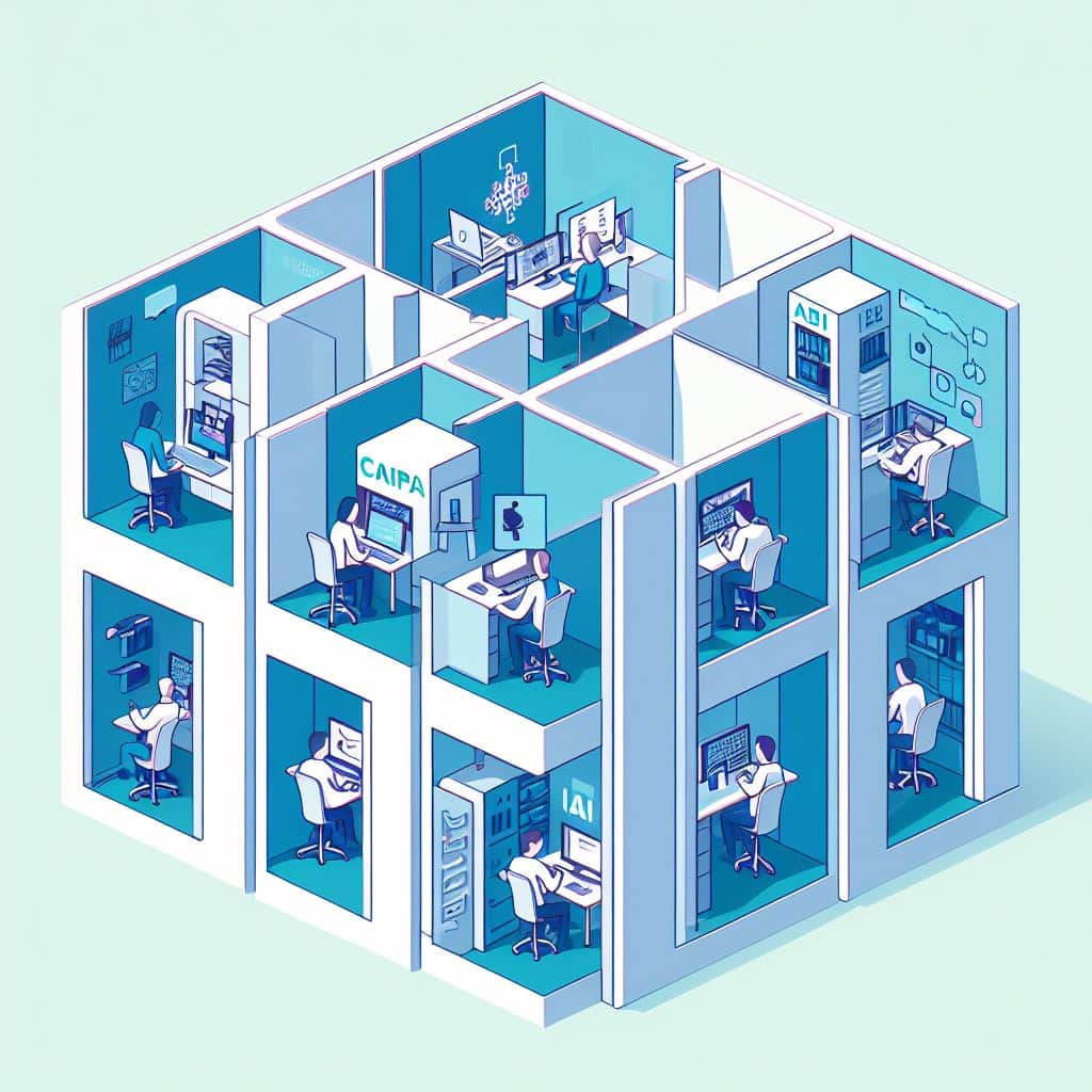 genai illustration showing separate, isolated compartments, each representing a specialised area of AI research, like computer vision, natural language processing, and robotics. In these compartments, researchers work on their respective pieces of the AI puzzle. 