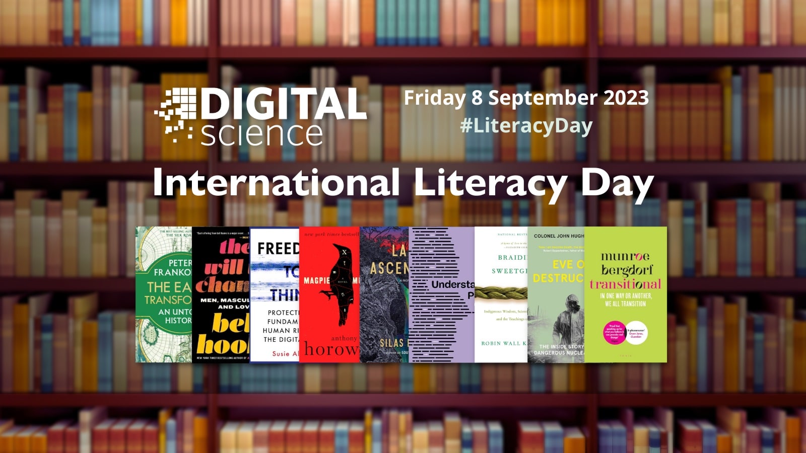 Photo of bookcases with text International Literacy Day