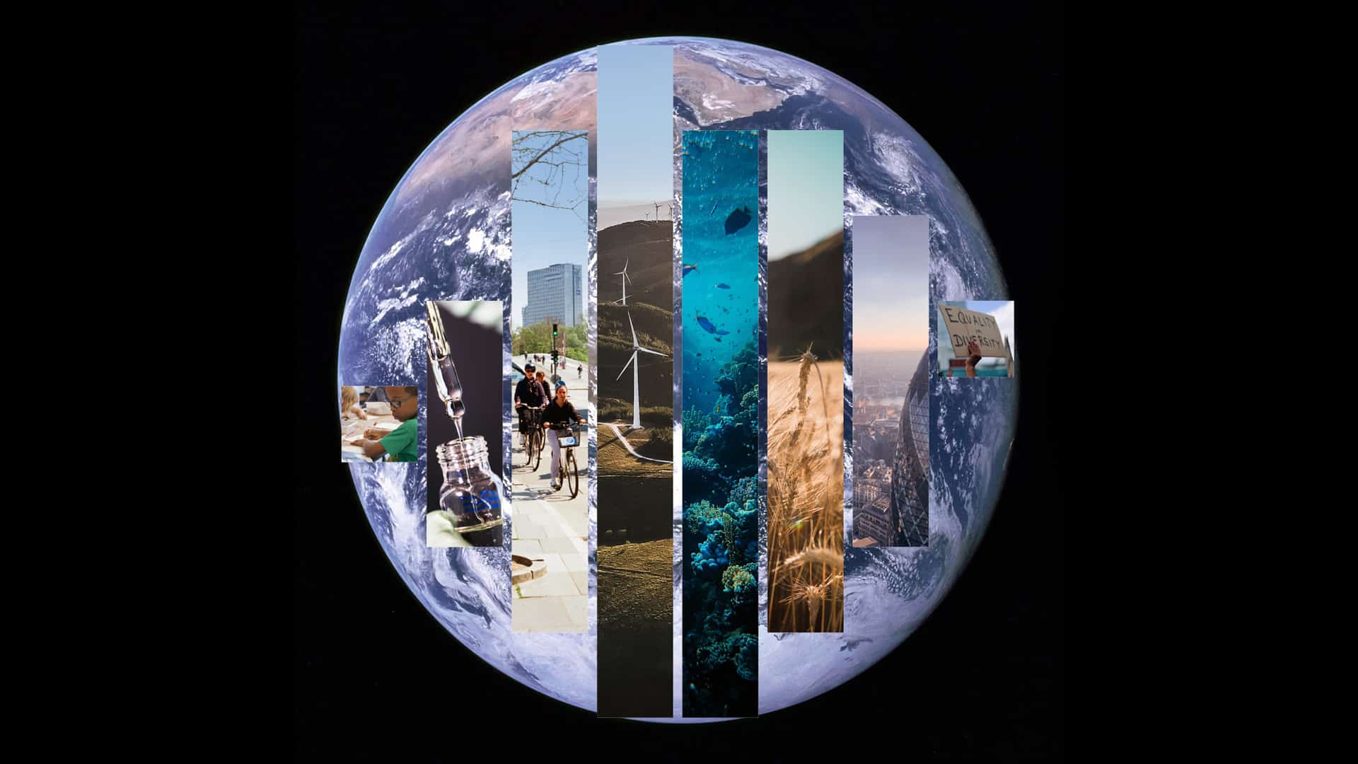 image of earth with facets of images overlayed