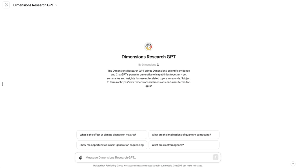 Screenshot of Dimensions Research GPT interface