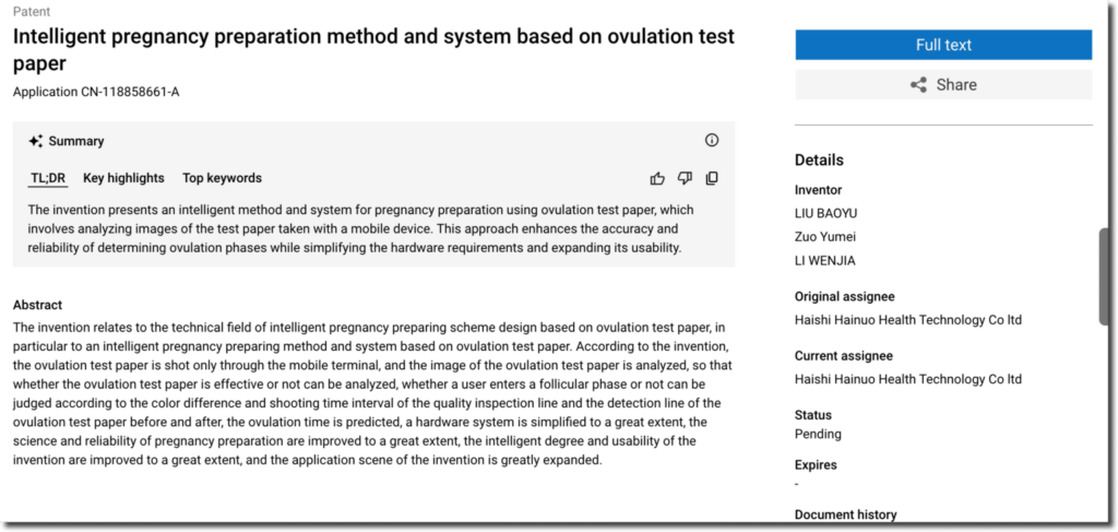 Image 4: Example: A patent filed in 2024 by Haishi Hainuo Health Technology Co Ltd describes a new method for ovulation prediction using images of test paper taken with a mobile device.