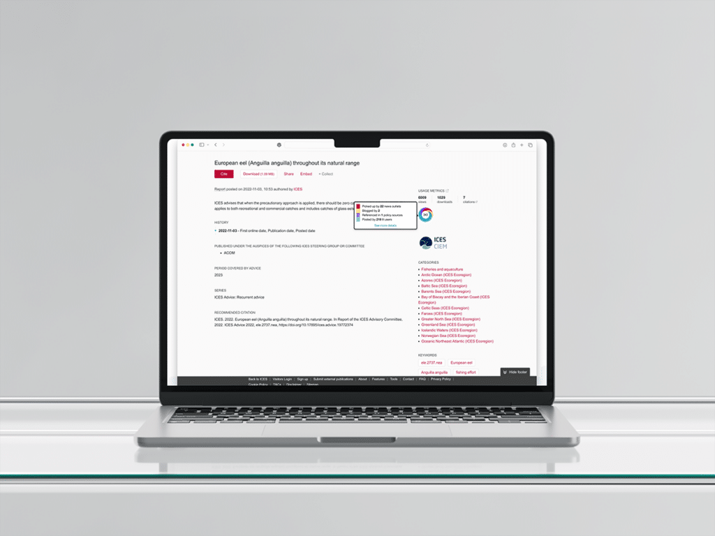 A laptop screen displaying a website with metadata.