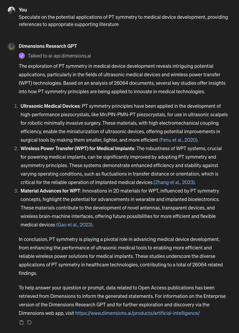Screenshot of Dimensions Research GPT interface