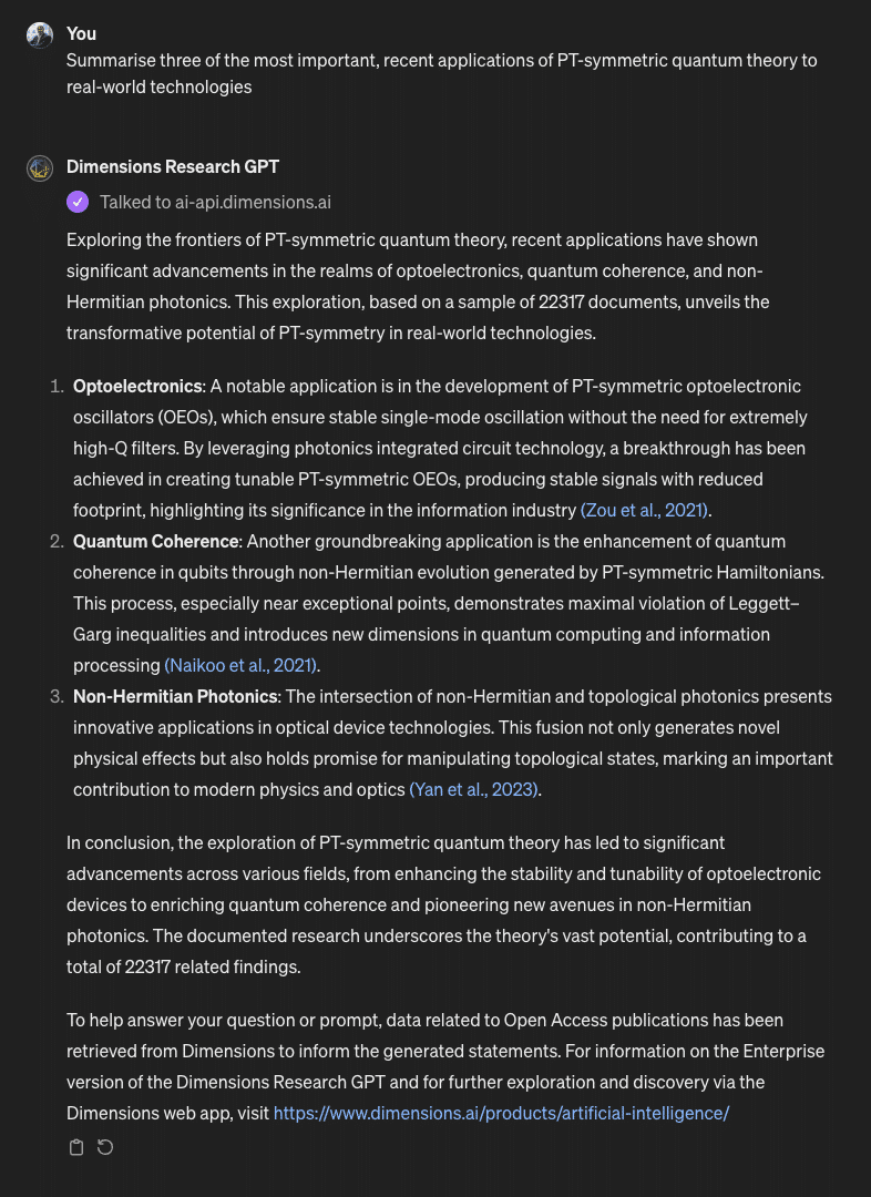 Screenshot of Dimensions Research GPT interface