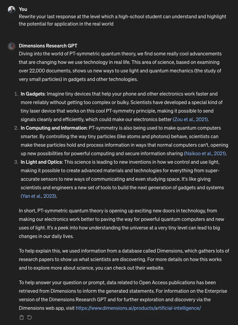 Screenshot of Dimensions Research GPT interface