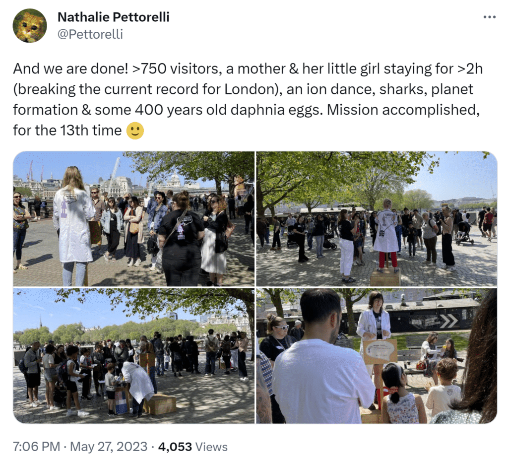 Soapbox Science co-founder Prof. Nathalie Pettorielli tweets after a record-breaking day in London