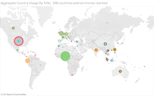 graphic - Aggregated country usage by title; 198  countries and territories reached